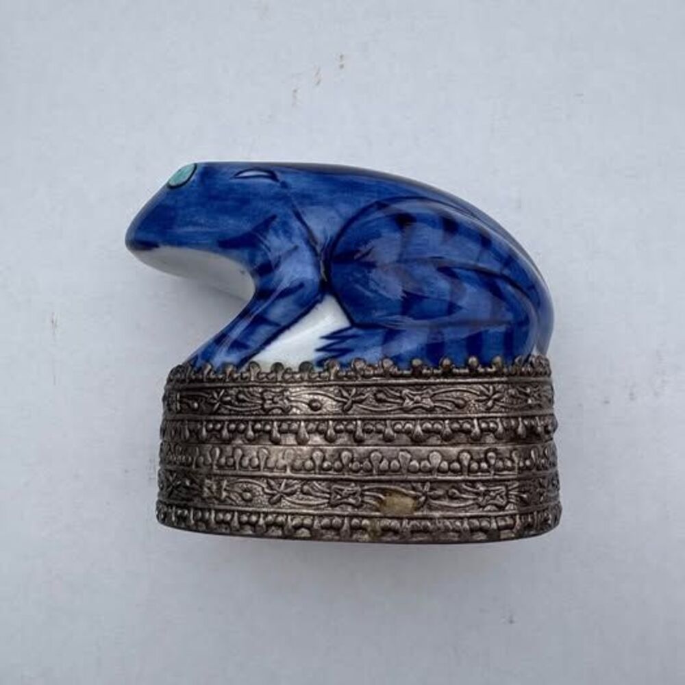 Vintage Blue and White Porcelain Frog Trinket Box with Ornate Metal Base